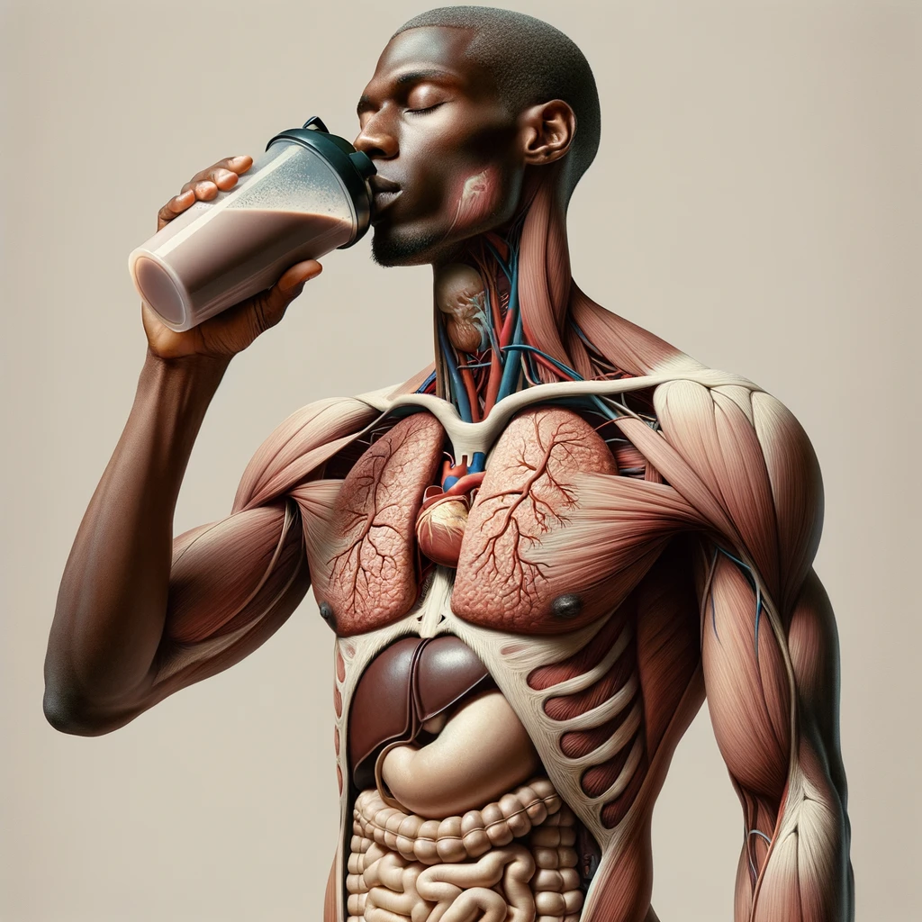 CORPO UMANO ANATOMICO CON OCCHI CHIUSI MENTRE BEVE UNO SHAKER PROTEICO, ORGANI IN EVIDENZA, IPERREALISTICO SFONDO CHIARO NEUTRO emoji