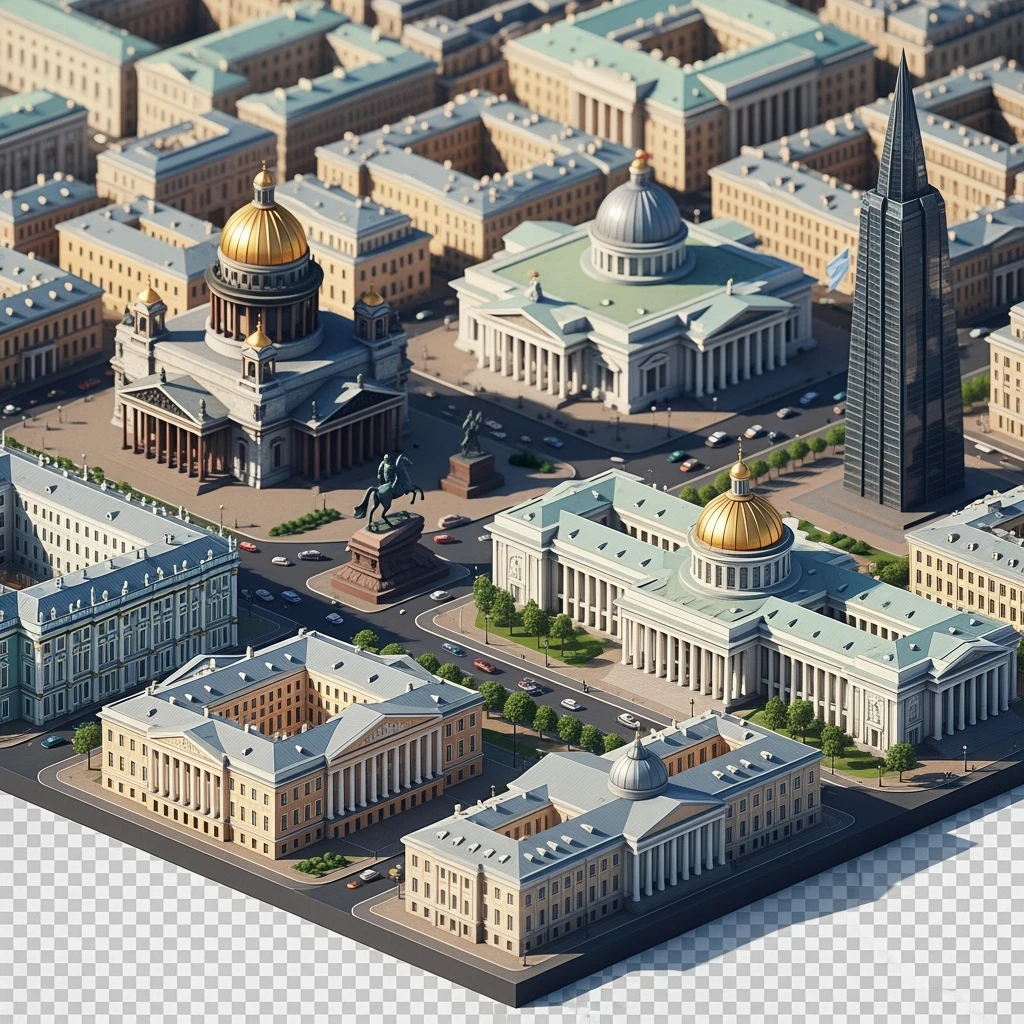 Изометрическая иллюстрация-модель фотореалистичного Санкт-Петербурга с акцентом на Исаакиевский собор, Зимний дворец, памятник Петру I, Адмиралтейство, здание Сената, башня Лахта-центр баланс между стилизацией и реализмом, эффект рисованной миниатюры Tift shift, прозрачный фон. emoji