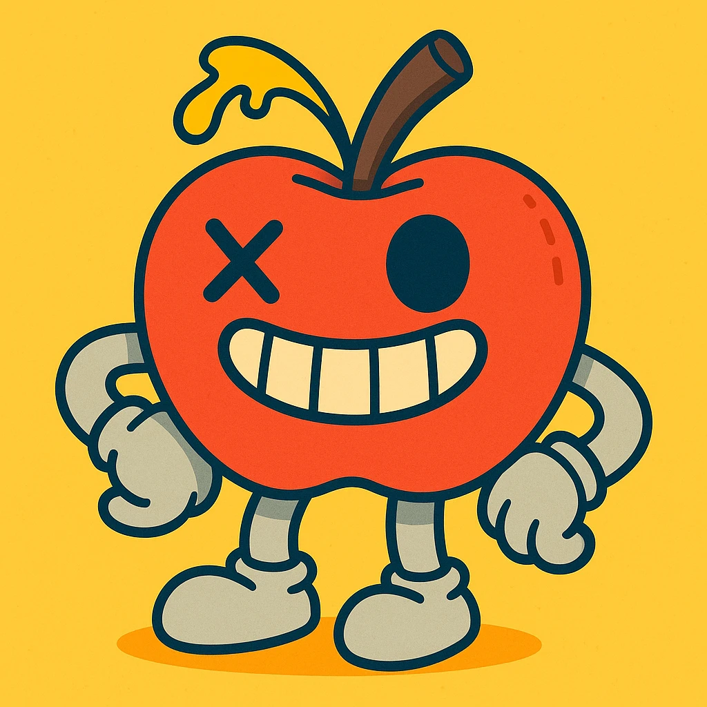 vibrant-toon style character: apple plush with light grey limbs, left eye has an X, ichor coming out of stem without leaf, wide grin emoji