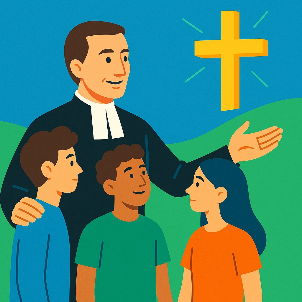 modern Christian vocational animation, Brother Gabriel Taborin guiding young people, minimalist and current style, blue and green tones, symbol of Christian hope emoji