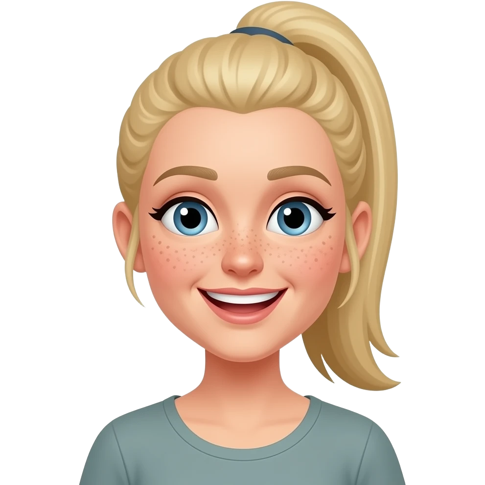 HAPPY, white, very longlong striaght blonde hair in pony tail, teacher  with freckles in a casual top emoji