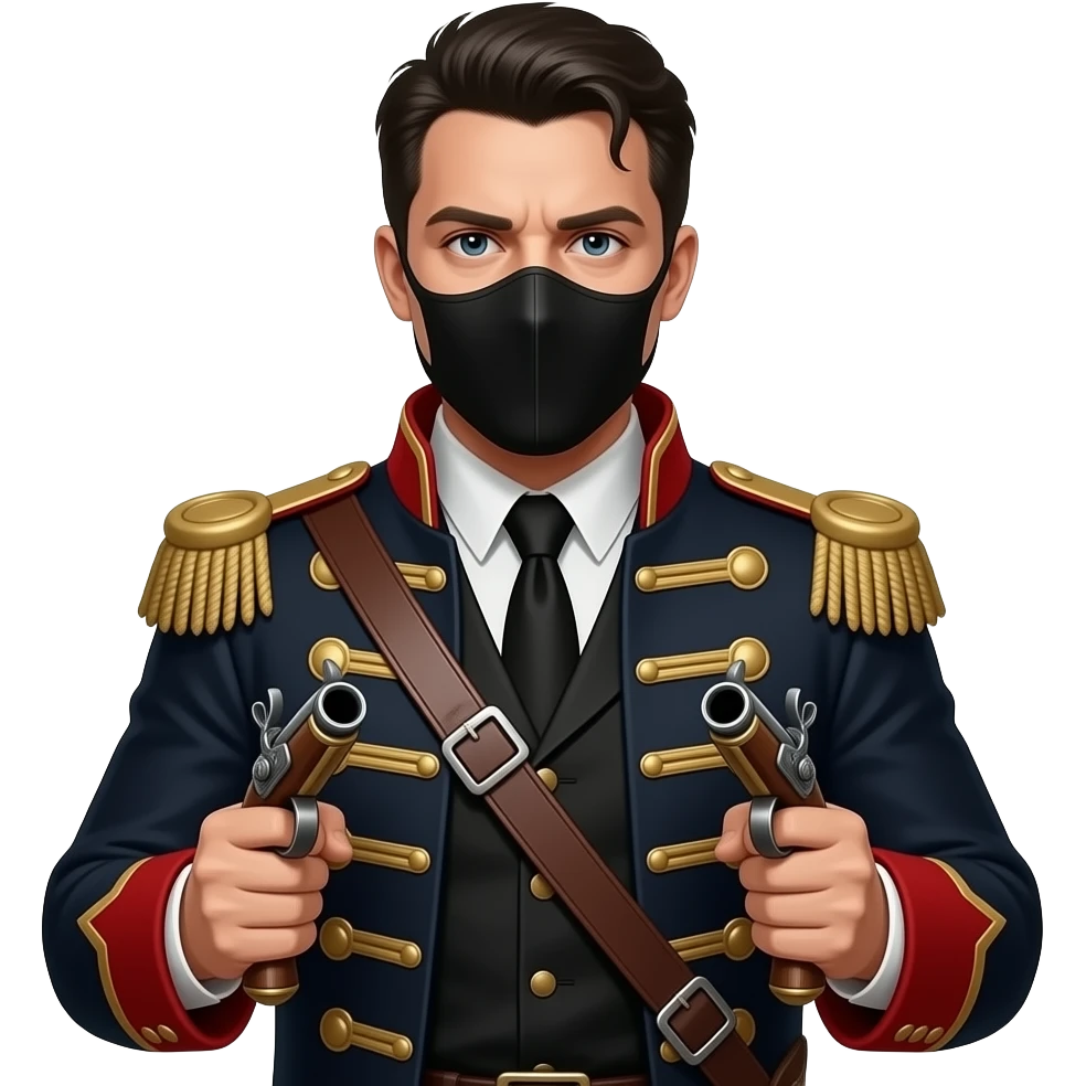 realistic cinematic Adam Ant  with black mask is wearing a Hungarian Hussar'S JACKET, holds two firelocks holsters in his hands emoji