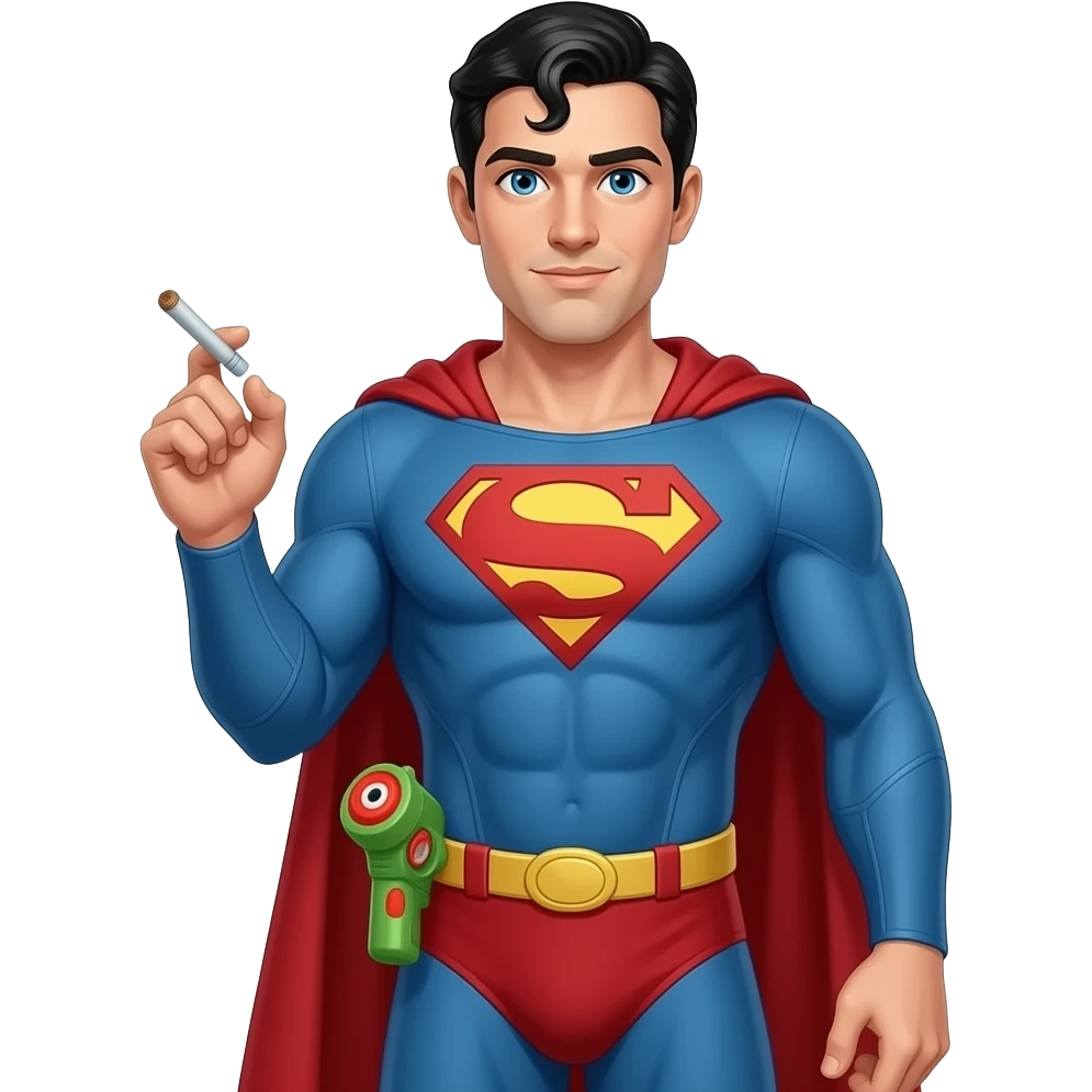Make this with , the eyes have Cherries as pupils and the left hand is holding a joint and a gas emoji, right hand is relaxed and whole arm is down, emoji is seen until the waist with a water gun tucked Superman with his complete look emoji