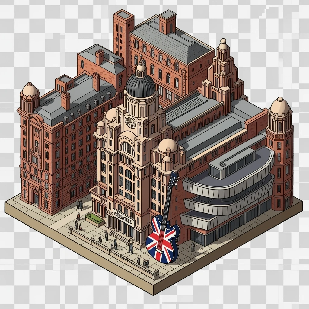 Isometric illustration of Liverpool featuring The Beatles Story museum, a Union Jack guitar and brick building in a miniature, slightly hand-drawn style, balanced between stylized and realistic, no cartoonish look, transparent background. emoji
