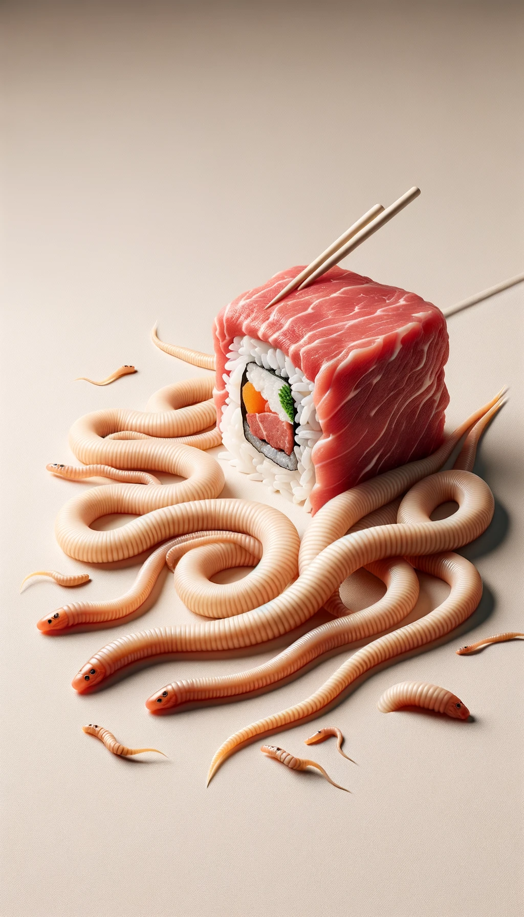 carne cruda fluttua insieme a sushi, intorno a loro fluttuano vermi lunghi e beige chiaro, sfondo neutro chiaro, iperrealistico 4k emoji