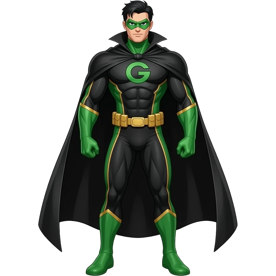 Anime superhero suite black men green and gold lines and green face mask long black cape and letters G on the suite very tall full body emoji