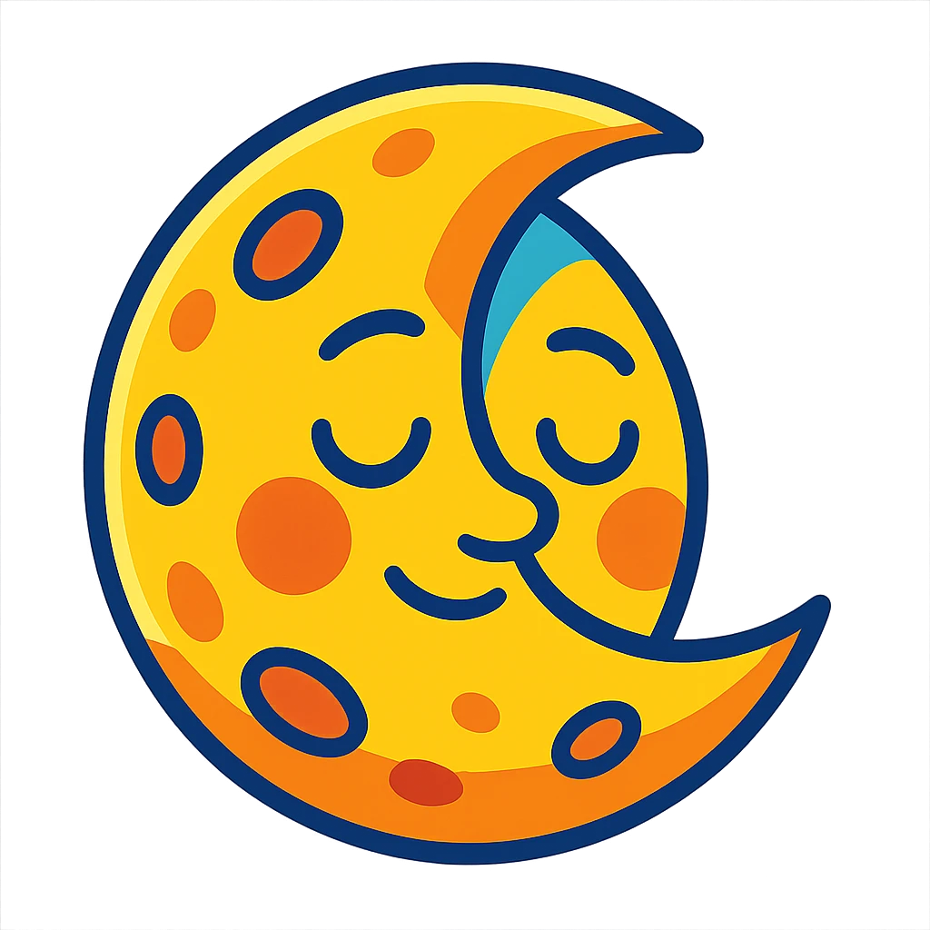 gibbous moon with a sleepy face, bold colors, expressive emoji
