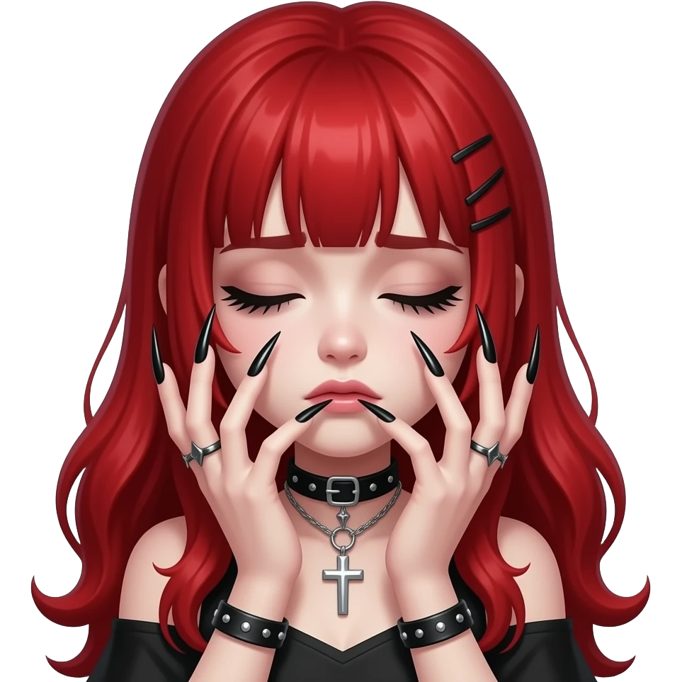 red hair goth girl afraid of God with very long nails and sleepy emoji