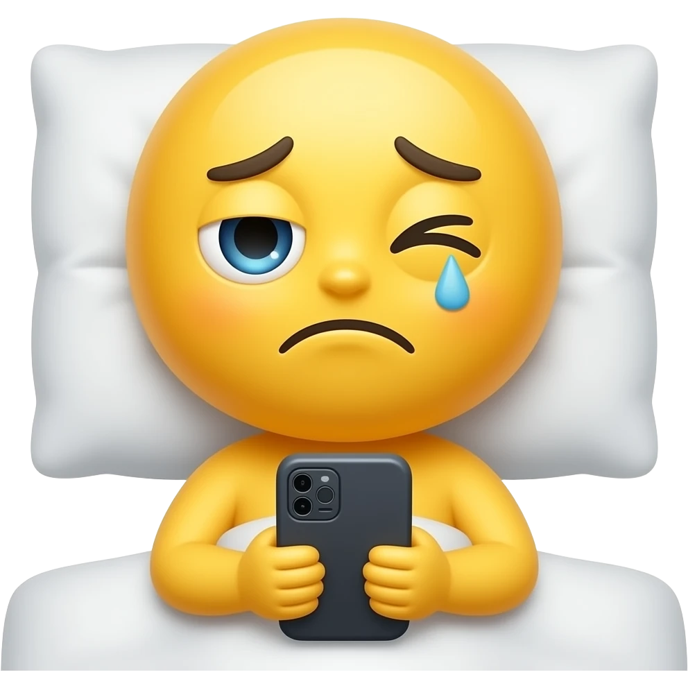 Yellow emoji face that looks tired & sleepy with one eye open and one eye shut reading phone messages in bed emoji