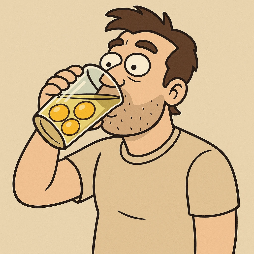 a man drinking a pint of raw eggs, cartoon style emoji
