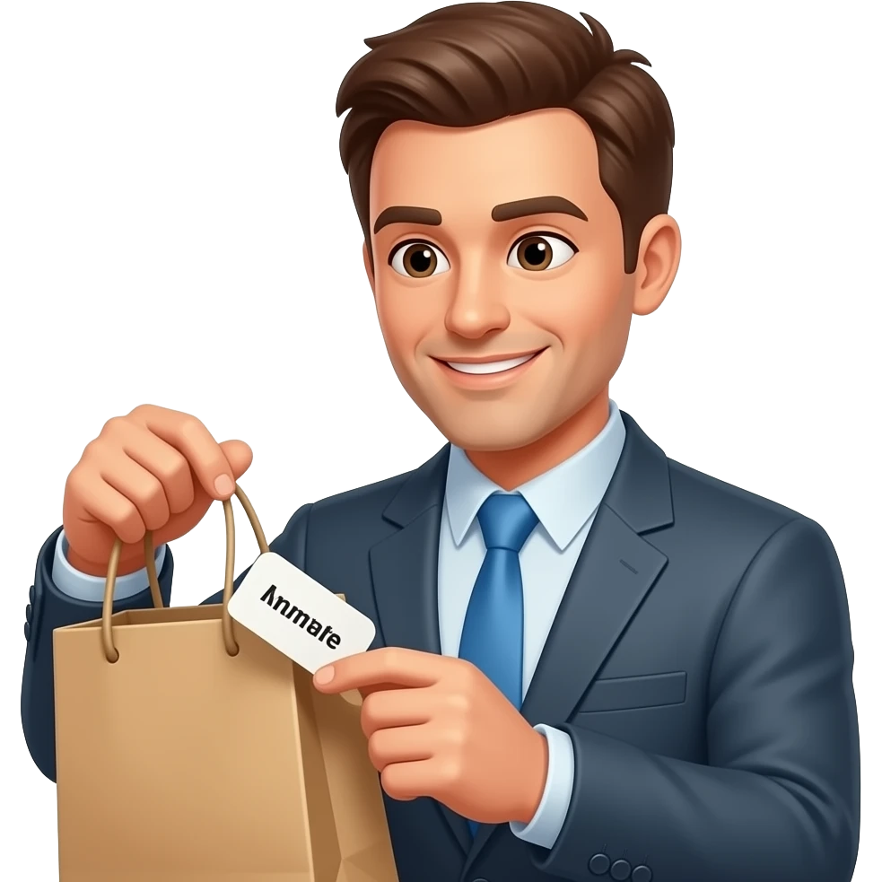 man checking name label on shopping bag emoji