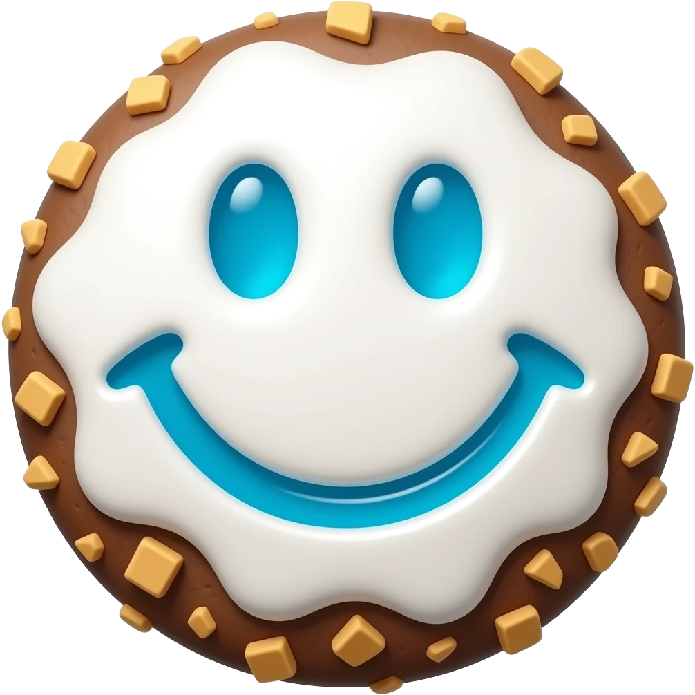 A cookie with white icing and a blue smiley face emoji