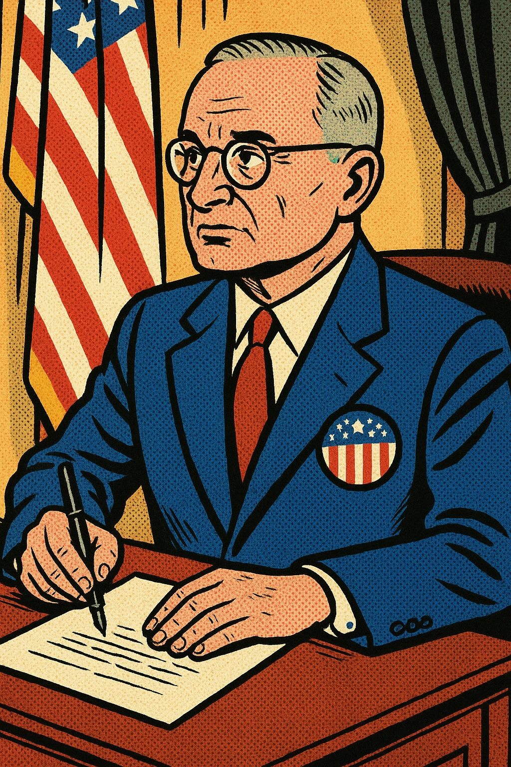 President Truman wearing a blue suit with a large US flag badge sitting down at a desk in his office writing a letter. The president should facing forwards to the right emoji