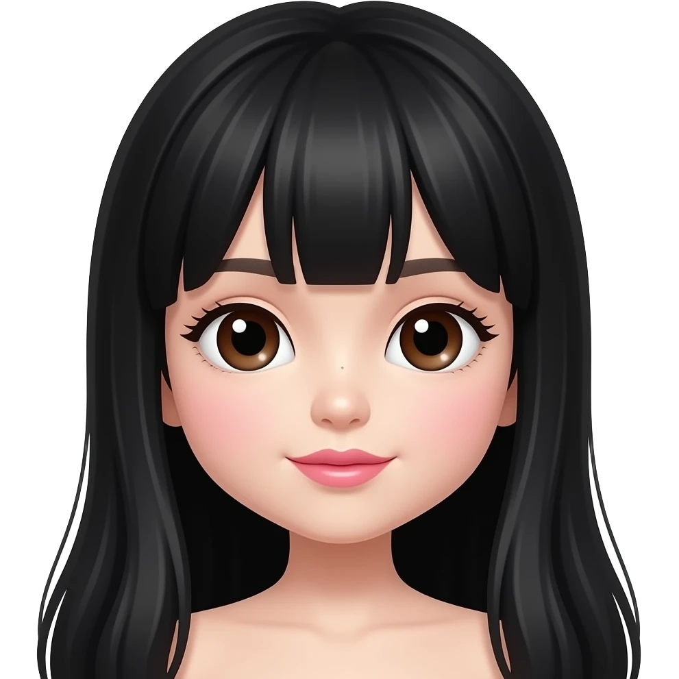 A cute, ethereal Asian doll-looking girl with long thick shiny black hair, dark brown almond-shaped eyes, very fair skin, a small straight nose, thin bright pink heart-shaped lips, cheekbones, and a mole on the right nose bridge near the eye.(don't add bangs but baby hairs emoji