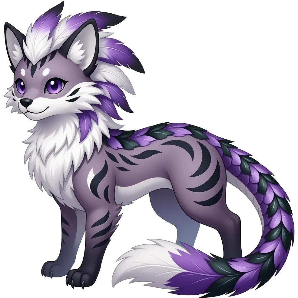 Floral-patterned Slim stylish feather-maned elegant realistic Asian Furry, feathery fluffy tropical flecked painted feathery scaly, Purple, white, black, Minccino-Bambino-Lykoi-Linoone-Zangoose-fusion-hybrid-animal-Fakémon-creature, full body, thin long sleek scaly tail, intricate markings emoji