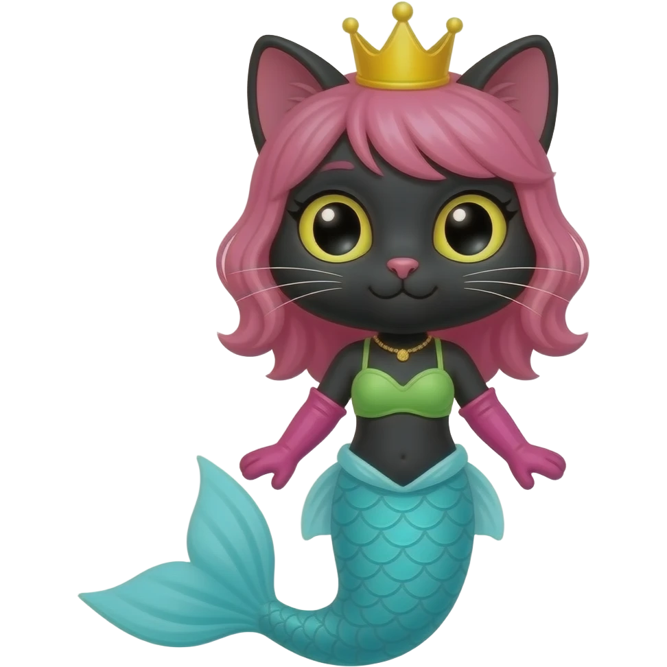 black anthro cat #B8FFFF mermaid tail with pink fins and long pink gloves  yellow hair crown green swimsuit emoji