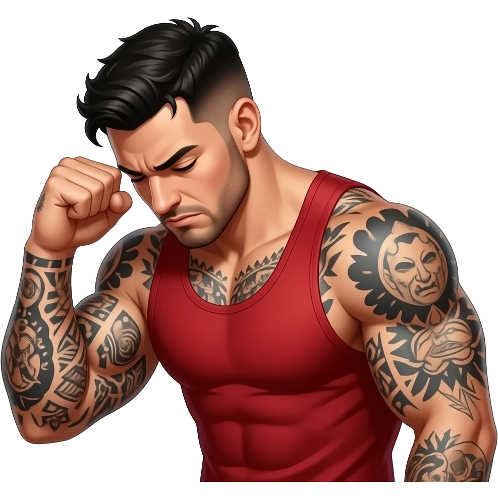 A strong buff gym guy with dark black hair and tattoos and a red tank clenching his fist in defeat with his head down with an air bubble saying dahm emoji