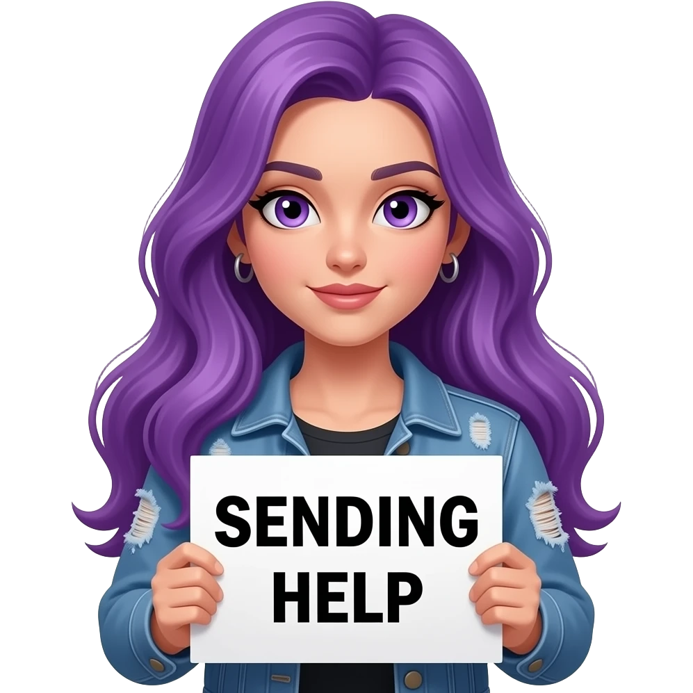 sexy girl with long purple hair and purple eyes holding a SENDING HELP sign emoji