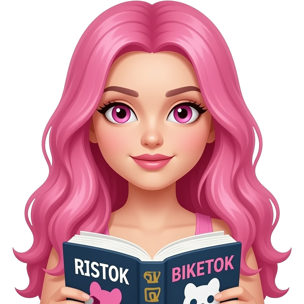 sexy girl with long pink hair and pink eyes holding a BOOKTOK BIKETOK MASKTOK emoji