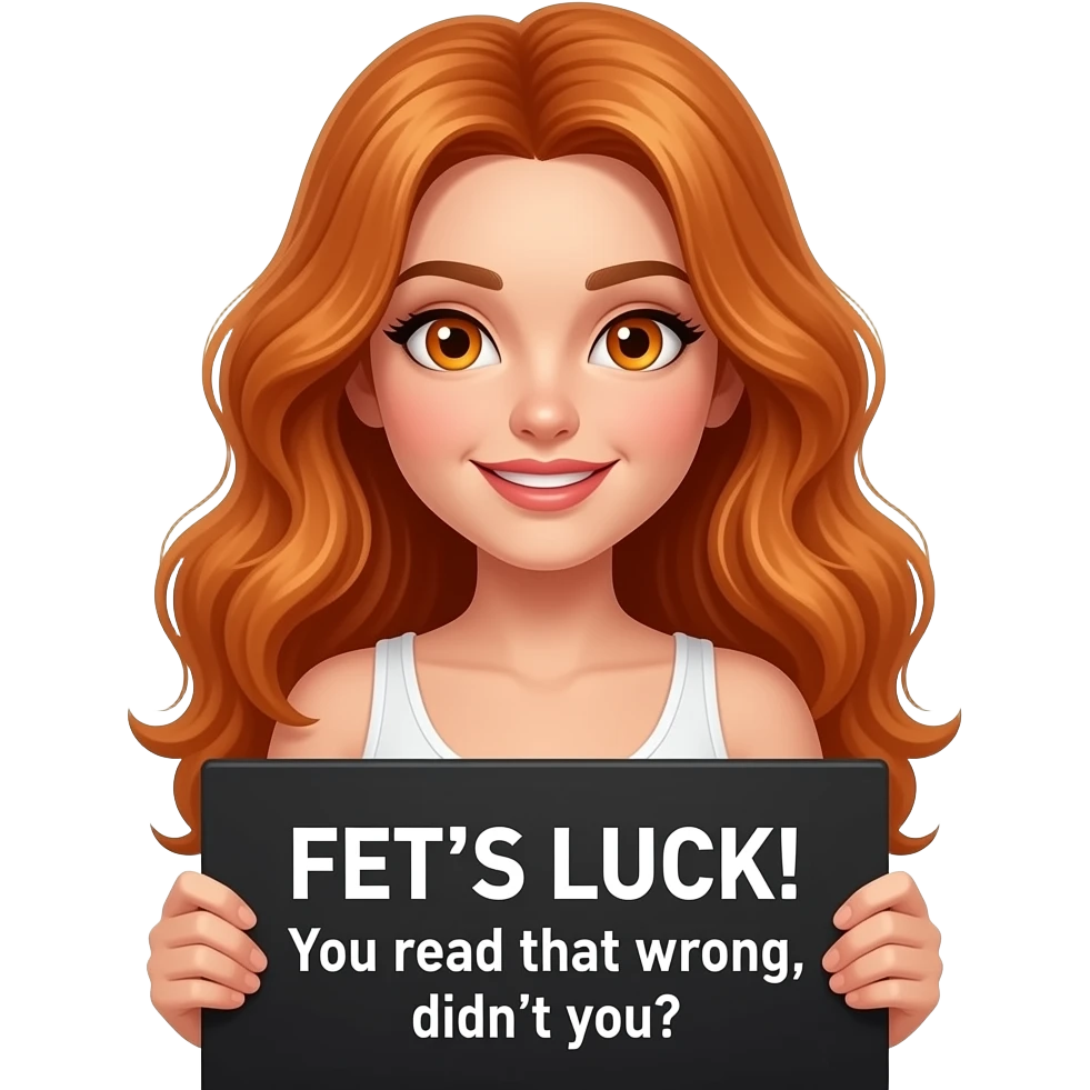 sexy girl with long wavy ginger hair and ginger eyes wearing a white tanktop is holding a black colored sign with FET'S LUCK! You read that wrong, didn't you? written on it emoji