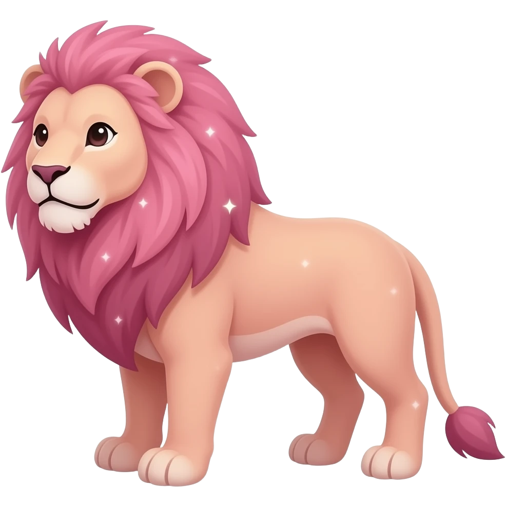 Знак зодиака Лев, на изображении настоящий Лев в полный рост , видно все тело, он розового цвета, рядом с ним значок знака зодиака Лев розового цвета и вокруг маленькие сияющие звезды emoji