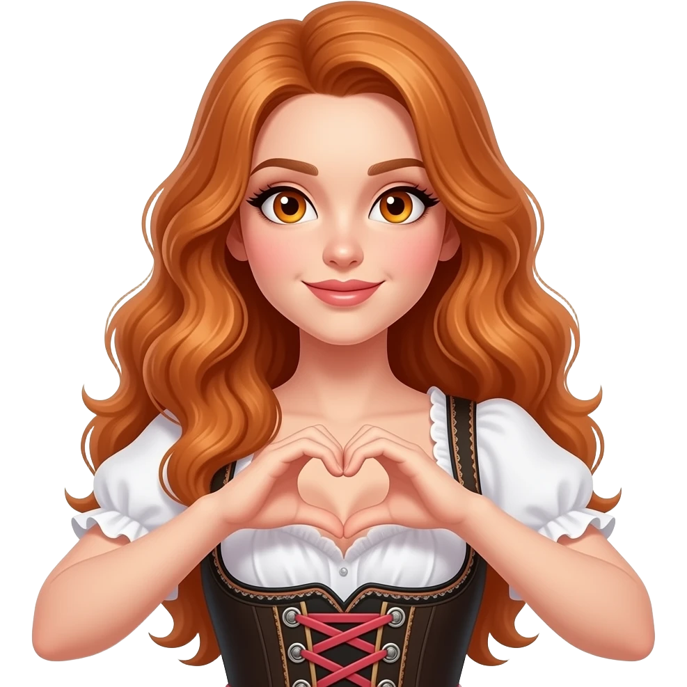 sexy girl with long wavy ginger hair and ginger eyes says wearing a dirndl and makes a heart with her fingers emoji