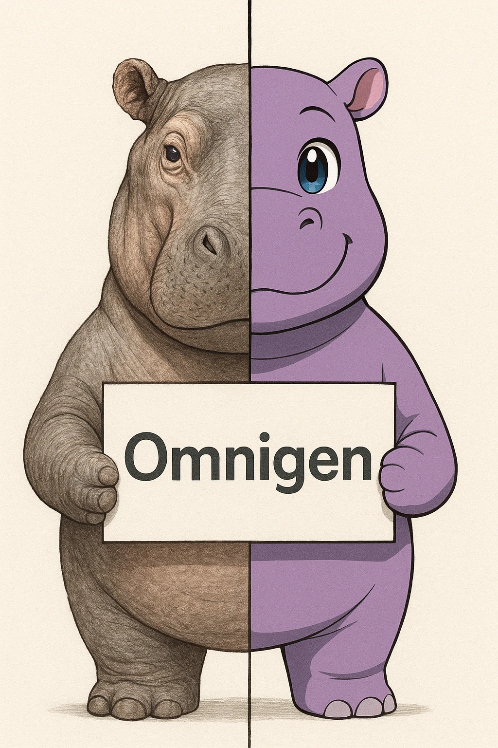 a hippo holding sign of omnigen, half picture hippo is realistic another hald is the anime of that same hippo emoji
