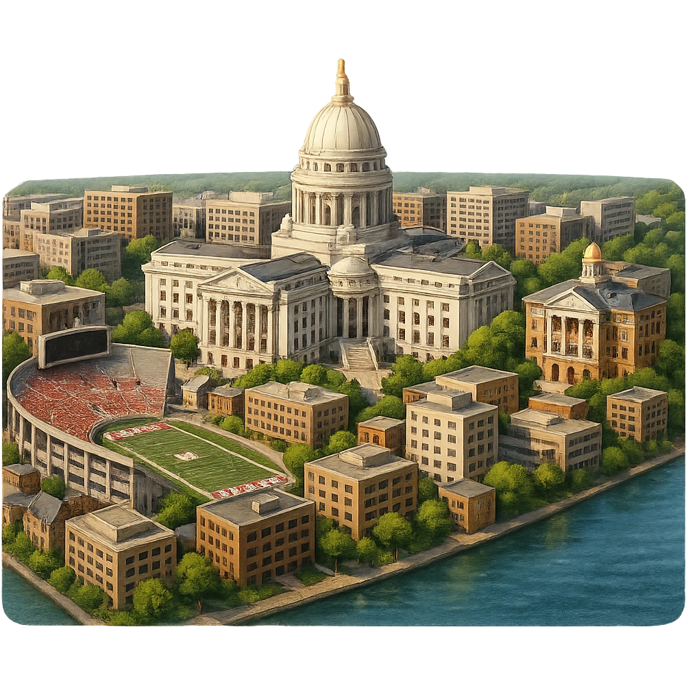 cinematic realistic emoji of Madison Wisconsin wide city view with iconic landmarks Wisconsin State Capitol Camp Randall Stadium Bascom Hill lakeshore lifelike detail accurate colors bright daytime lighting no sky no clouds no city name label transparent background emoji