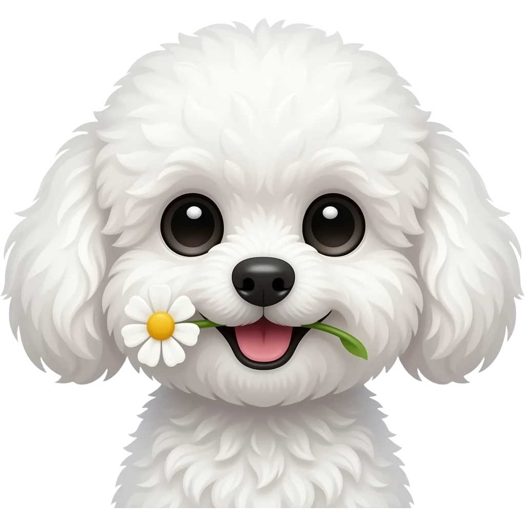 Very small fluffy most cutty dog, happy, white, for profile, look front, holding flower using mouth, body emoji