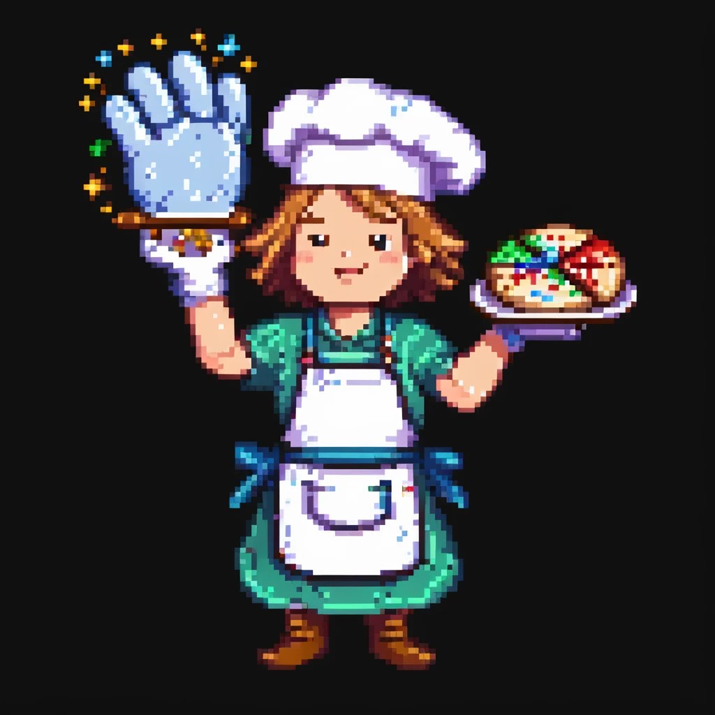 Portrait of a baker casting a baking spell, cookies floating around him, sparkles on his gloves and apron, skeuomorphism style emoji
