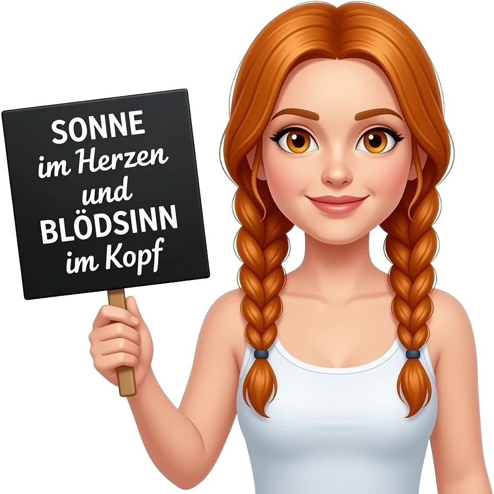 sexy girl with long ginger braids and ginger eyes wearing a white tanktop is holding a black sign with SONNE im Herzen und BLÖDSINN im Kopf written on it emoji
