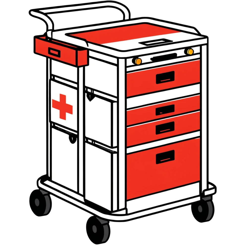Singular Red medical crash cart is a mobile, multi-drawer unit designed to store and organize emergency medical supplies and equipment and a cardiac defibrillator on top emoji