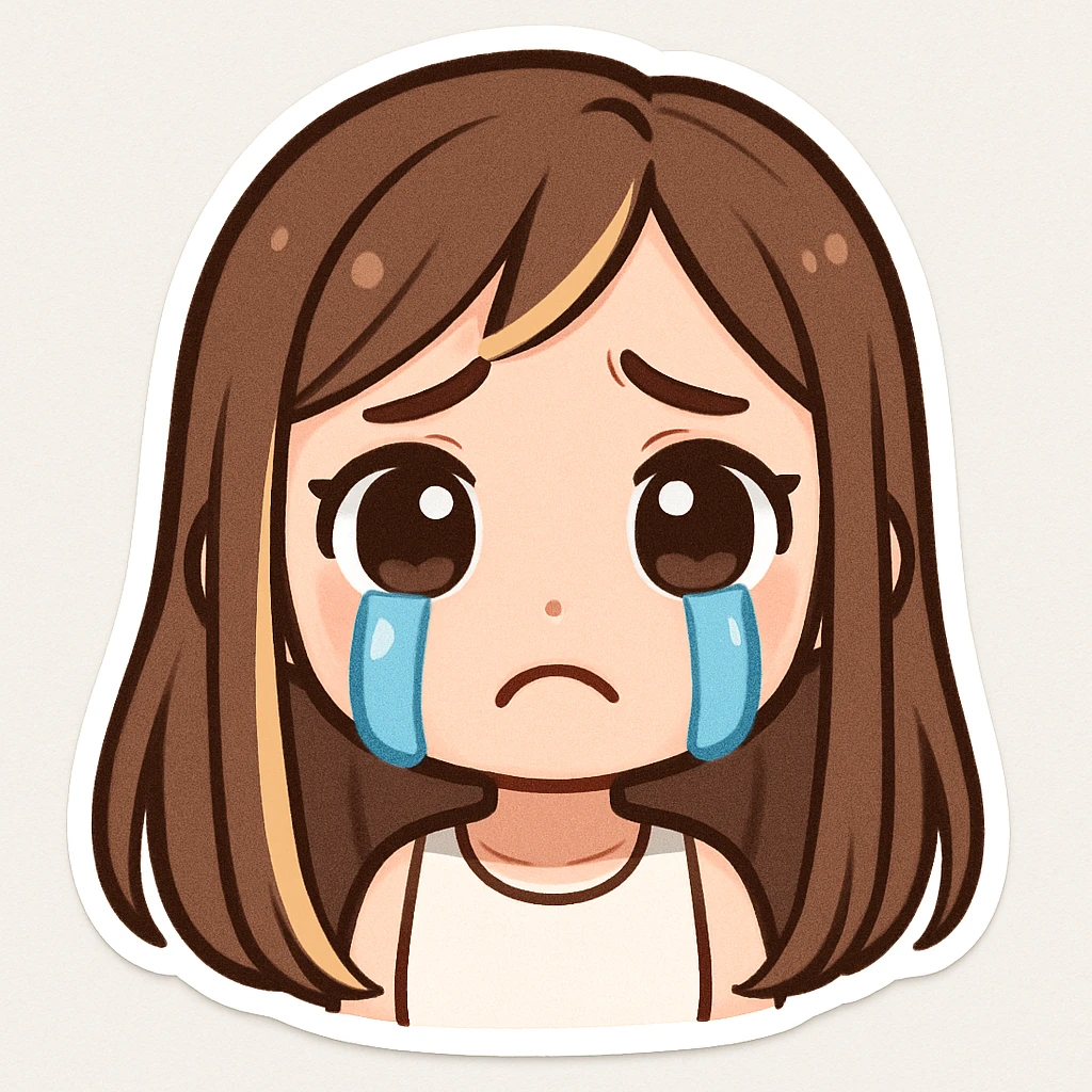 cute animated young woman with long straight light brown hair and prominent blonde highlights framing her face, fair skin, large expressive brown eyes looking straight ahead with a sad worried expression, neatly shaped eyebrows angled upwards in the middle, two large bright blue cartoon tears streaming down her face, mouth downturned in a frown, wearing a simple white sleeveless top, plain white background, character stands out, deeply upset and relatable emoji
