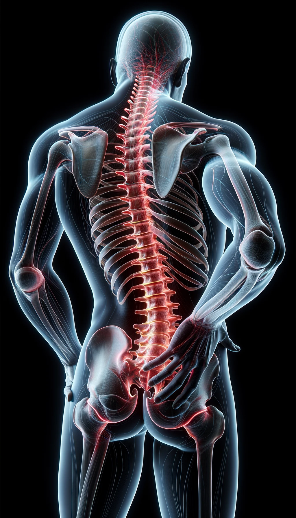 corpo umano anatomico di spalle e fisico storto, spina dorsale in evidenza, dolore alla schiena su un lato, iperrealistico 4k emoji