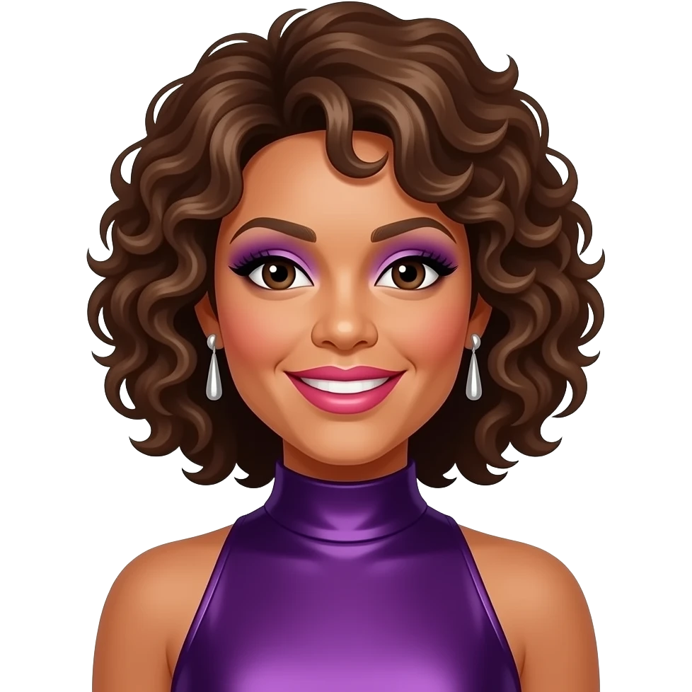 Whitney Houston with dark brown eyes, brown 80s curly bob hair, lilac eyeshadow, hot pink lipstick, dark purple metallic high neck dress, silver earrings emoji