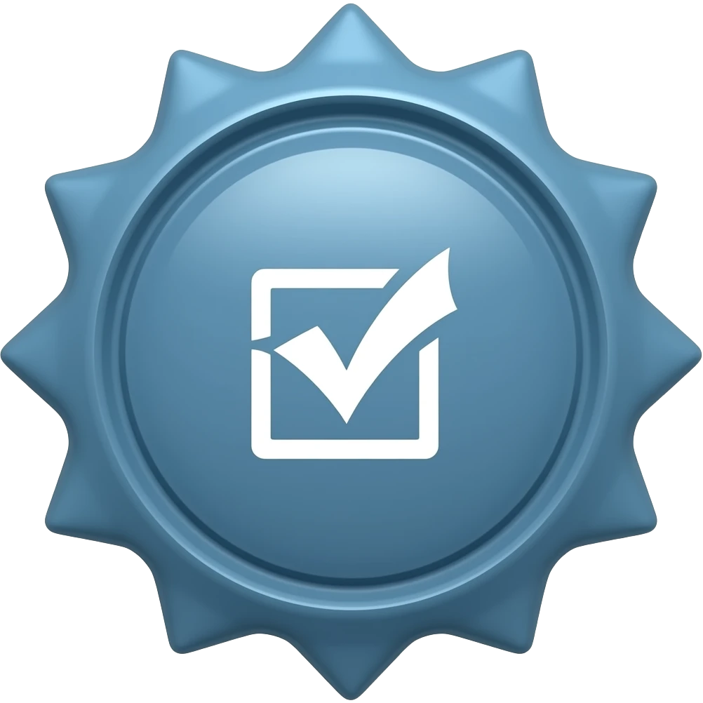 It is a small solid 2D without 3D highlight and shadow blue slightly curved 12 small spikes rounded seal containing a white tick with plane surface of emoji. emoji