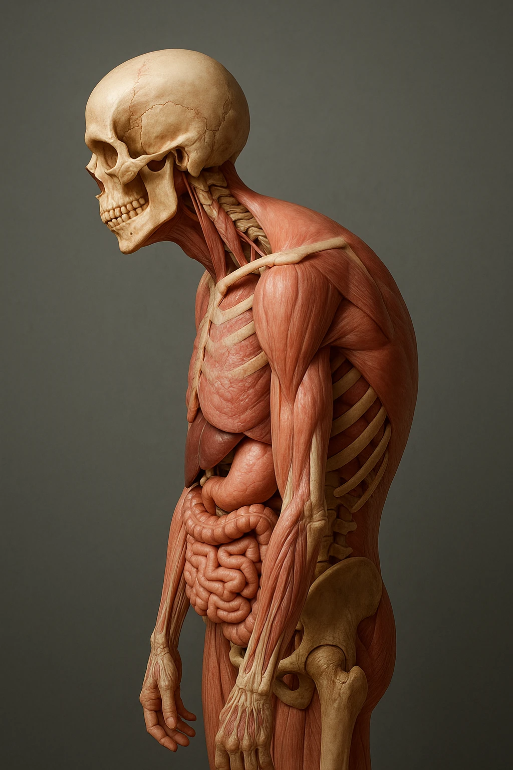 corpo UMANO ANATOMICO di profilo con spalle chiuse in avanti, postura errata, iperrealistico 4k emoji