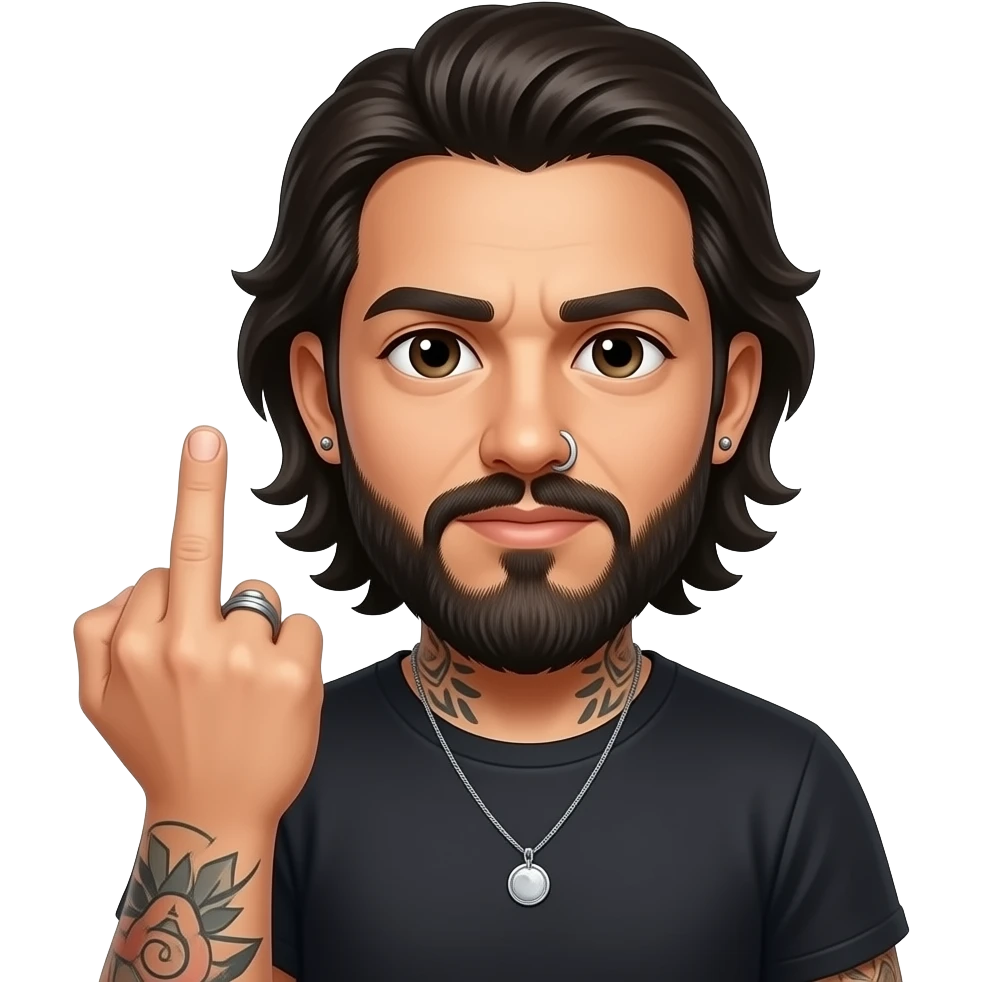 The handsome Latino podcast host with medium length hair, a long beard and tattoos with his ears pierced and a nose ring on the right side flipping somebody off with his middle finger emoji