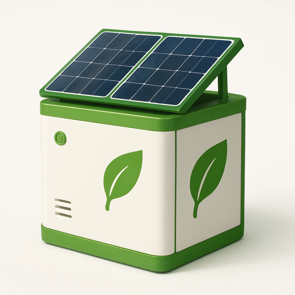 solar powered module, eco-friendly look, green accents, simple and approachable, solar panels on top, on a white background emoji