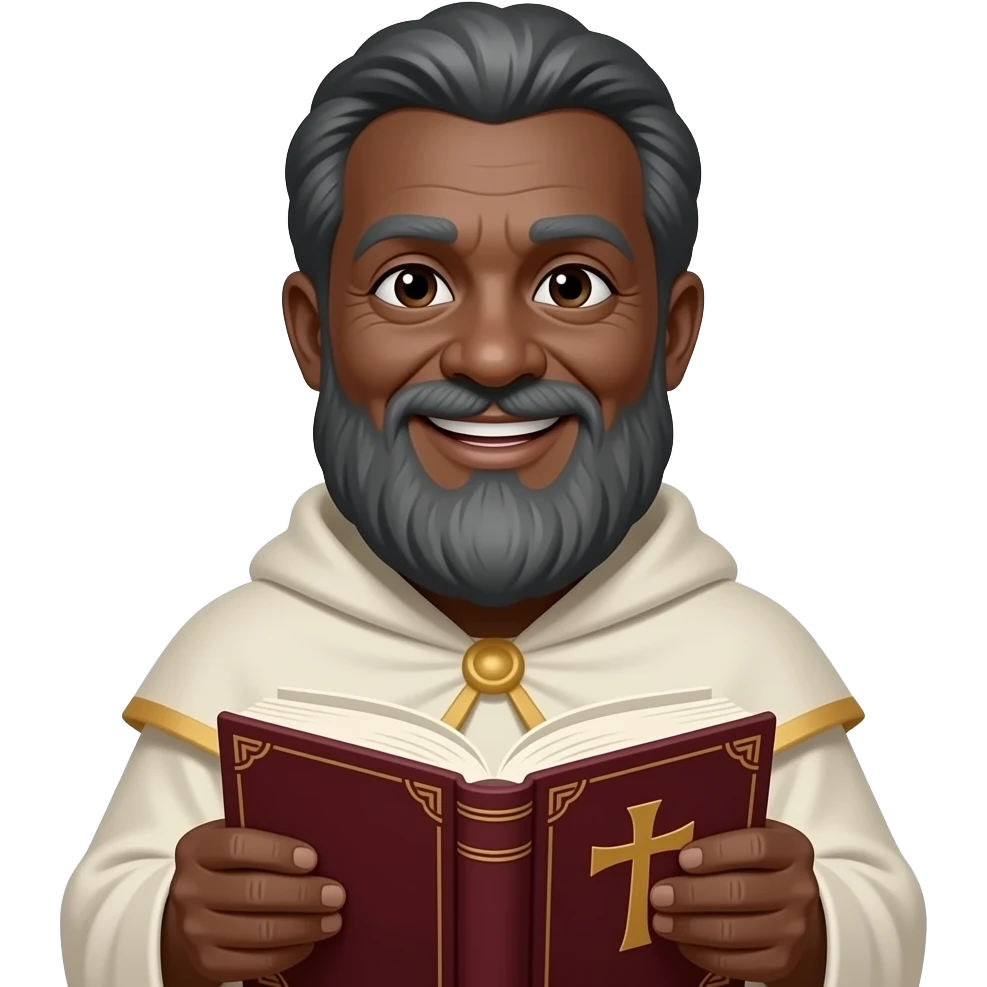 wise old man with greying black hair white beard black skin smile with burgundy book that has a cross on it emoji