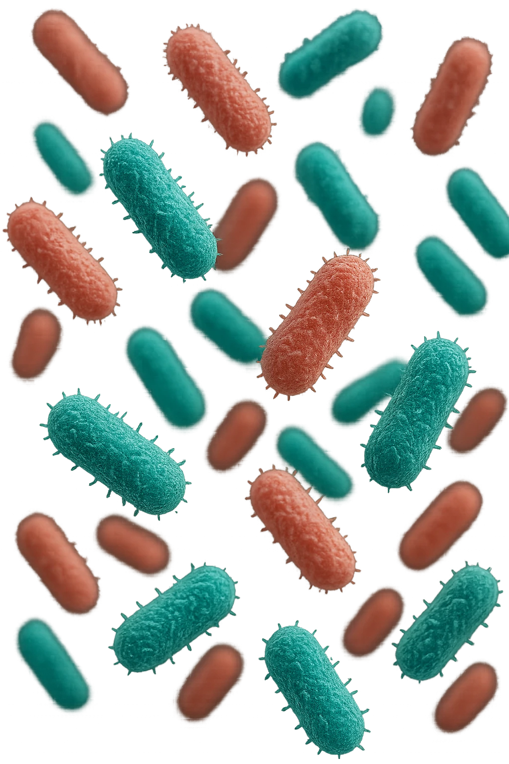 batteri intestinali rosa salmone e turchesi fluttuano in aria, iperrealistici 4k emoji