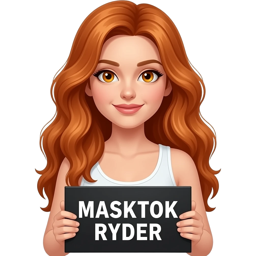 sexy girl with long wavy ginger hair and ginger eyes wearing a white tanktop is holding a black colored sign with MASKTOK RYDER written on it emoji