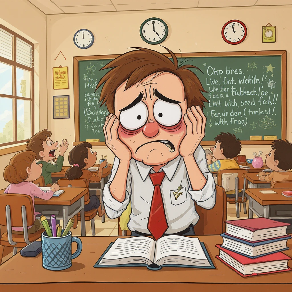 vector cartoon art of a exhausted teacher in a bustling classroom emoji