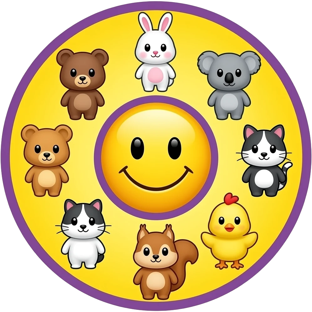 Yellow Smiley in the centre, circle,serrounded by smaller size 🐻🐰🐨🐈🐹🐿🐥, with bright yellow and background, purple outline emoji