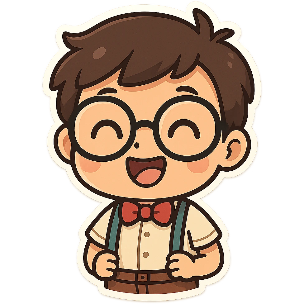 nerd with big round glasses, bow tie, cheerful expression, cartoon style emoji