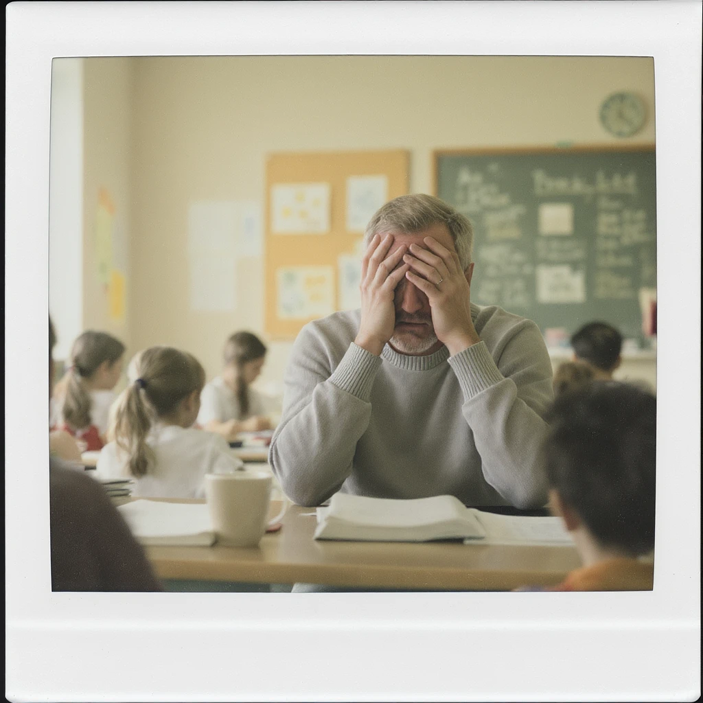 exhausted teacher in a bustling classroom emoji