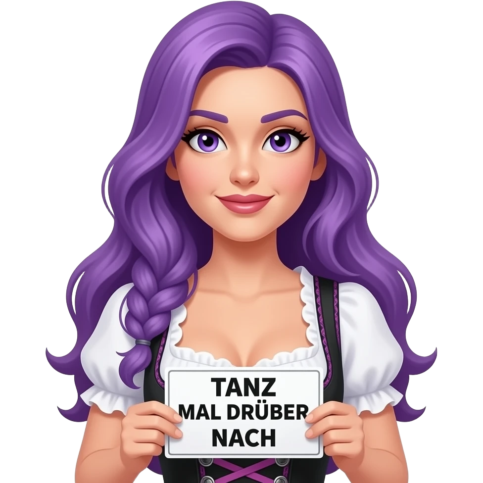sexy girl with long purple hair and purple eyes wearing a dirndl holding a TANZ MAL DRÜBER NACH sign emoji