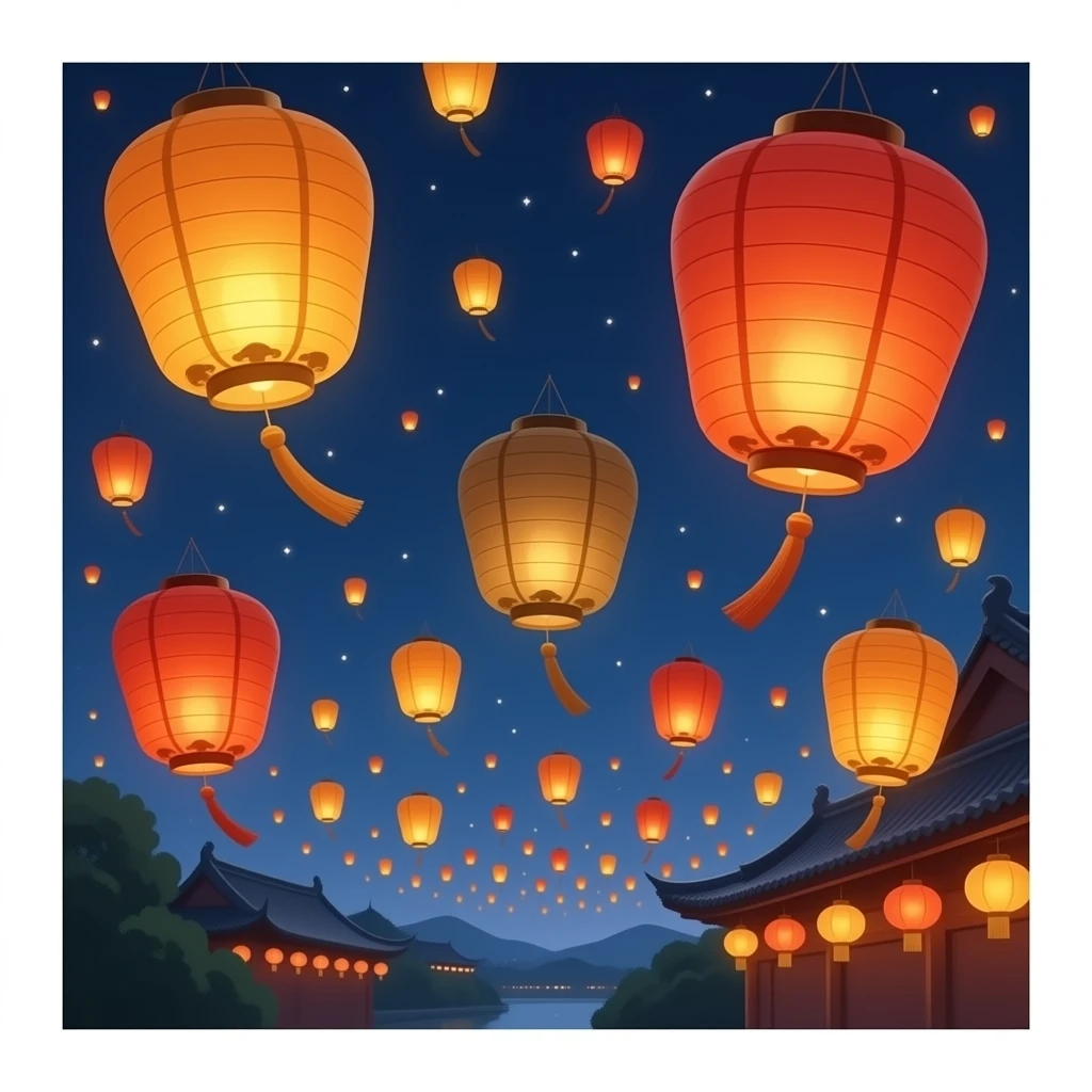 Golden, Orange, bronze, reddish Chinese lanterns flying in the sky as seen from afar emoji