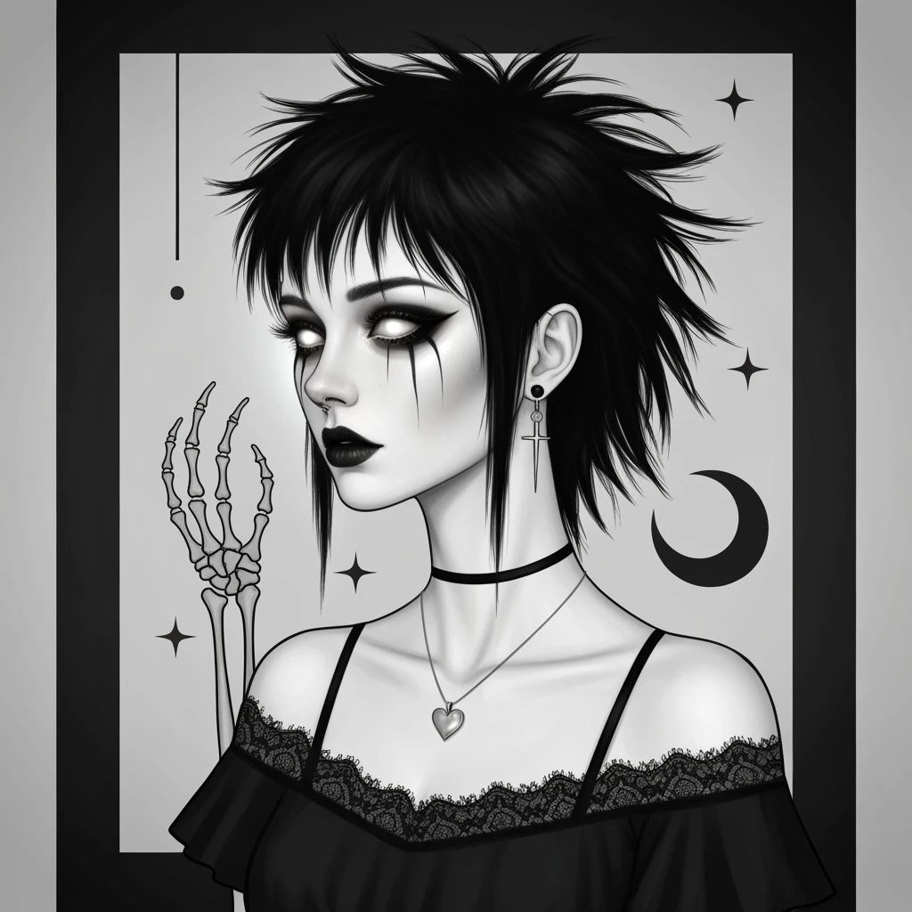 goth profile picture with a heart accent, cute, expressive, minimal emoji