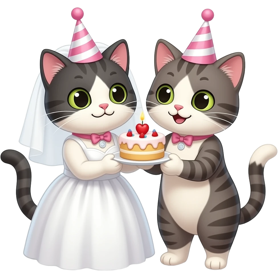 two happy girl cats celebrating a bride cat emoji